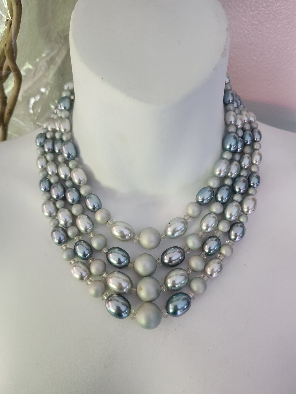 Vtg Japan Multi-Strand Faux Pearl Statement Necklace in Silver and Blue
